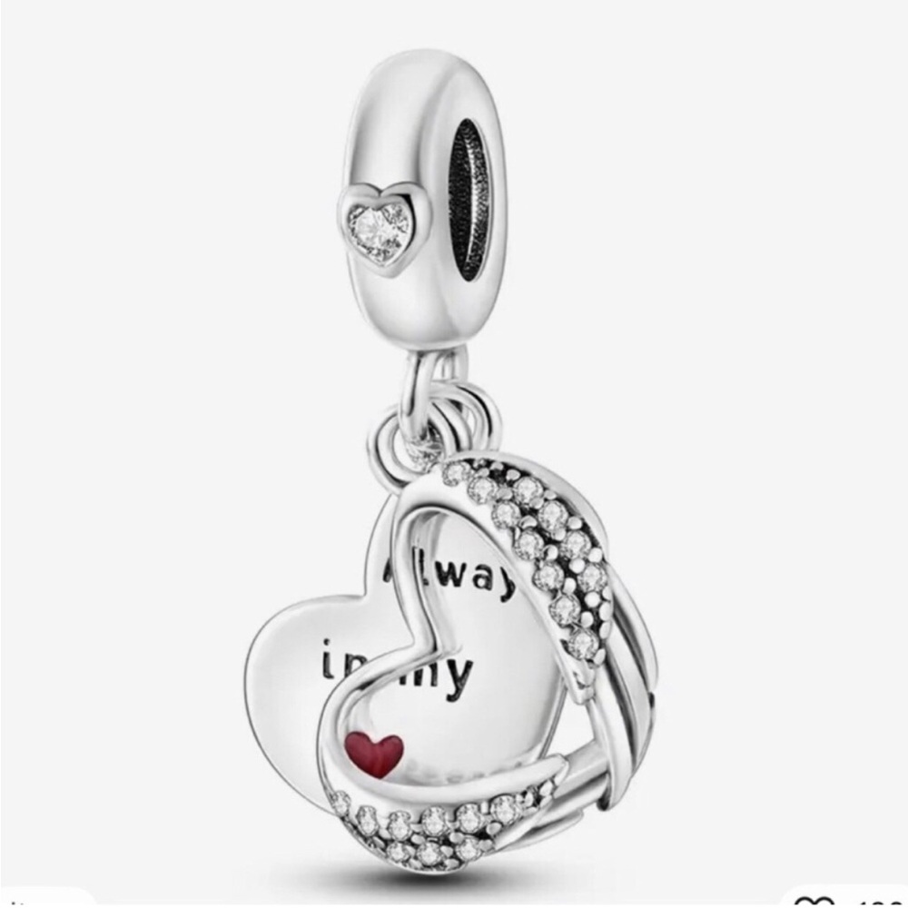 Sterling Silver Heart Dangle Charm with Red Accent